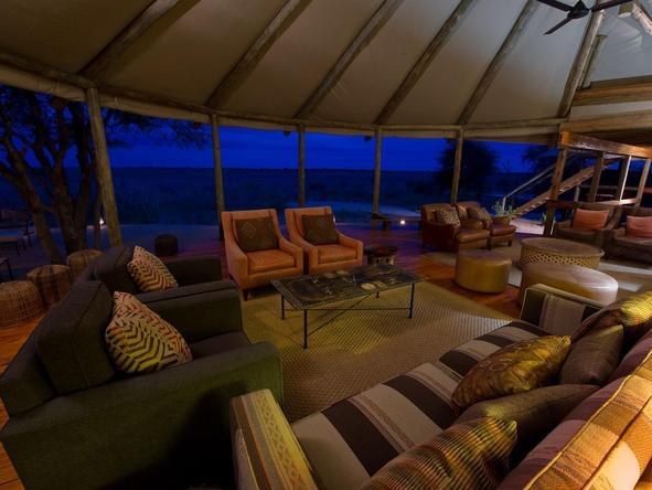 Kalahari Plains Camp - main lounge at night